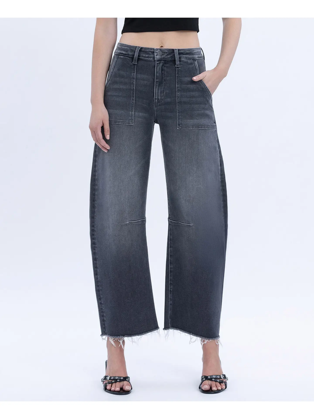 High Rise Raw Hem Crop Utility Barrel Jeans - Beachwood