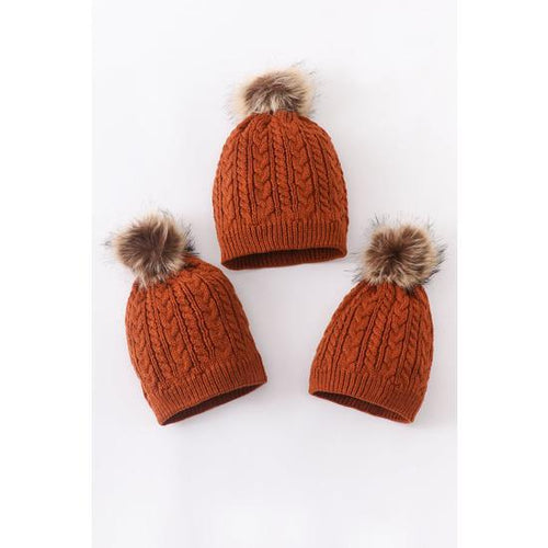CARAMEL CABLE KNIT POM POM BEANIE