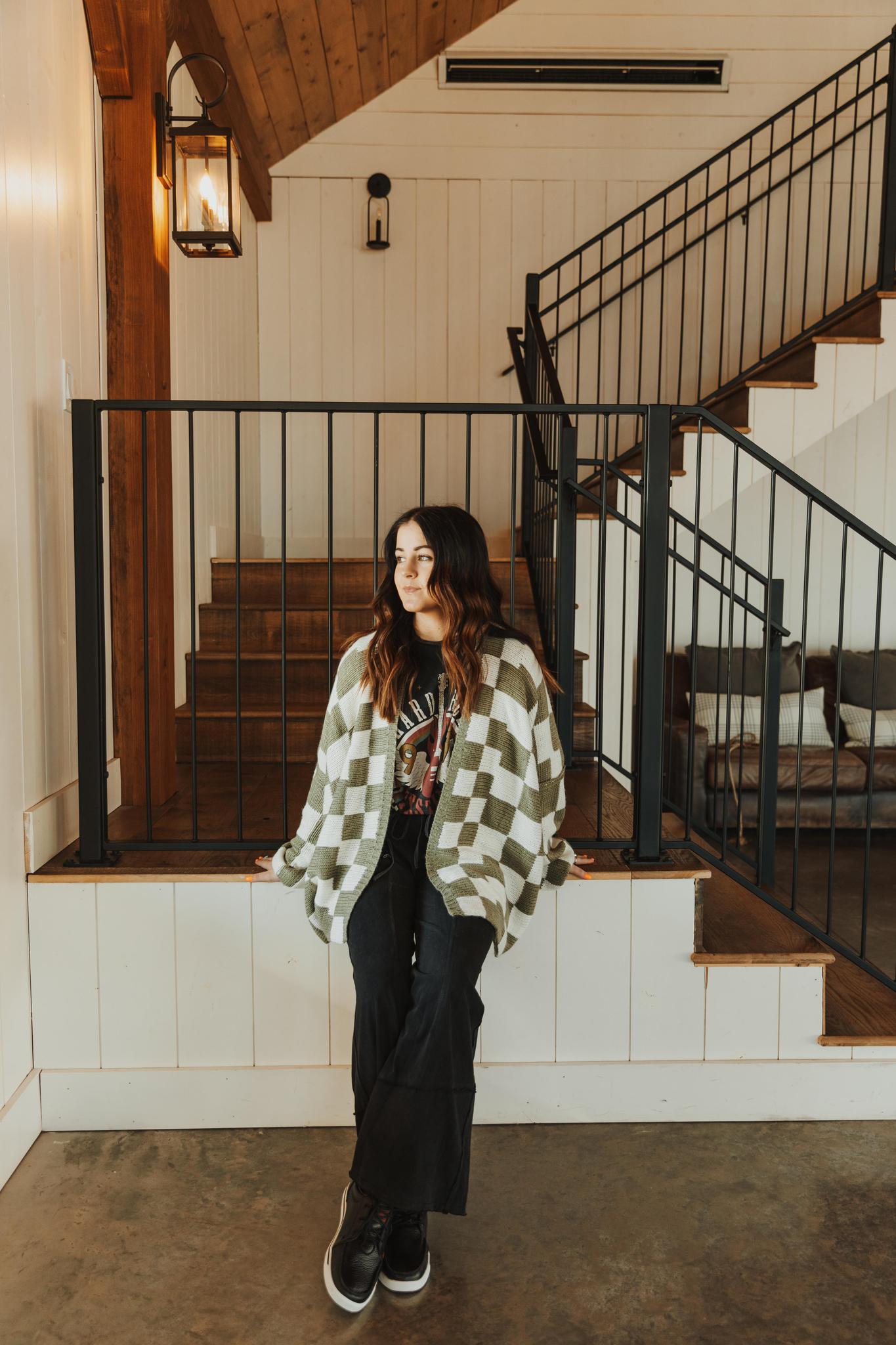 Check Dropped Shoulders Cardigan - Olive & White