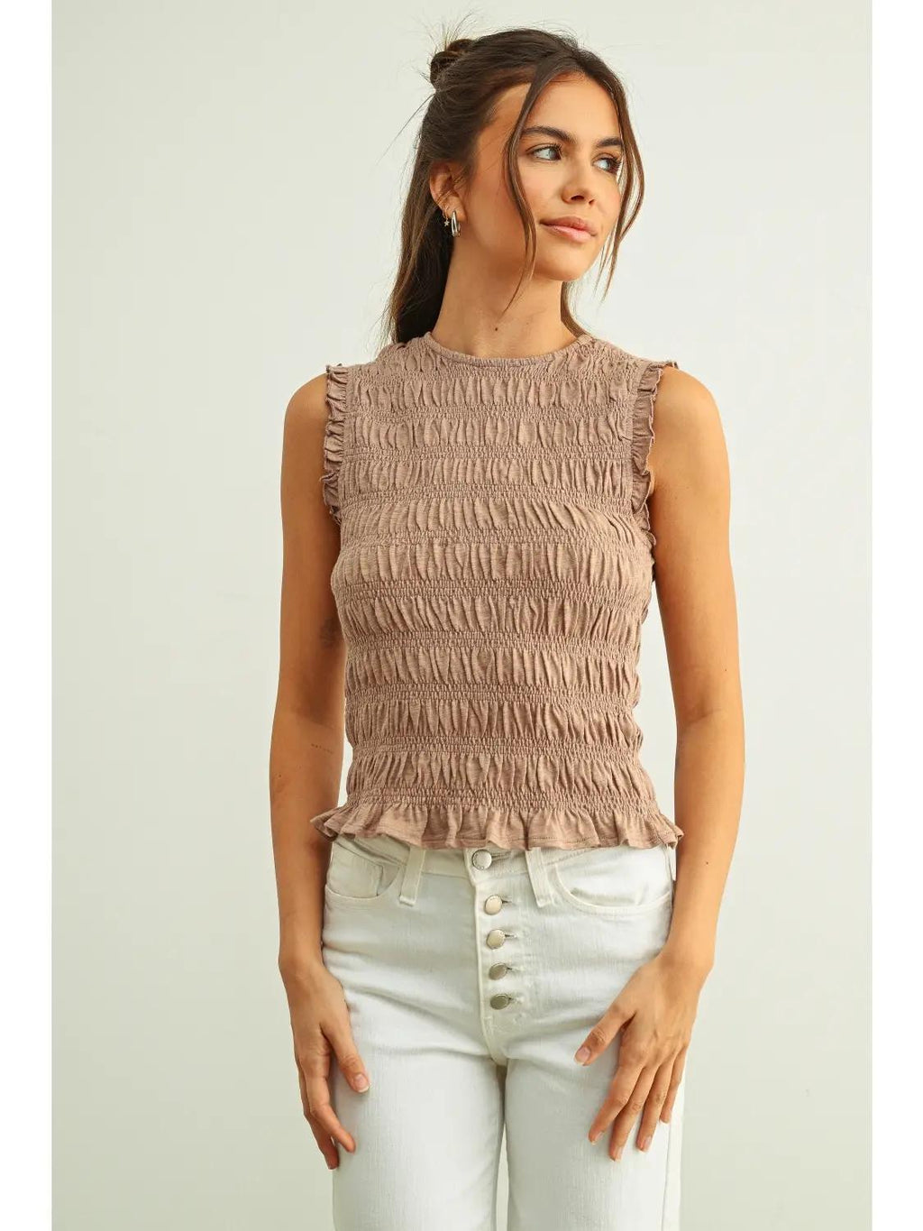 Sleeveless with All Over Smocking Top - MAUVE