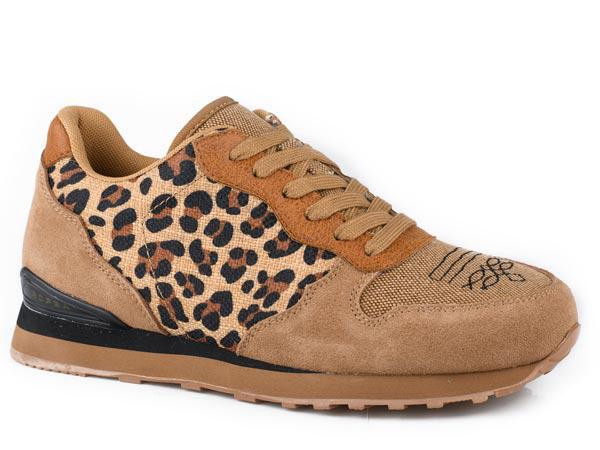 GIDDYUP WOMENS FOOTWEAR JOGGER TAN COW SUEDE AND LEOPARD CANVAS - 09-021-1797-3539