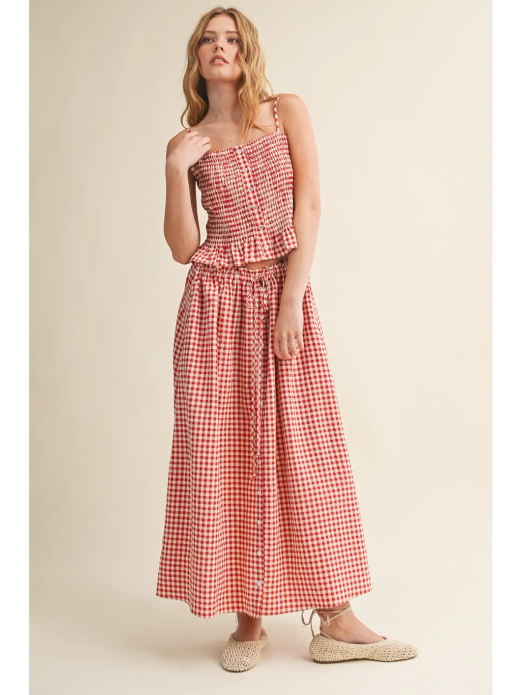 Gingham Pattern Button Front Smocking Top - RED