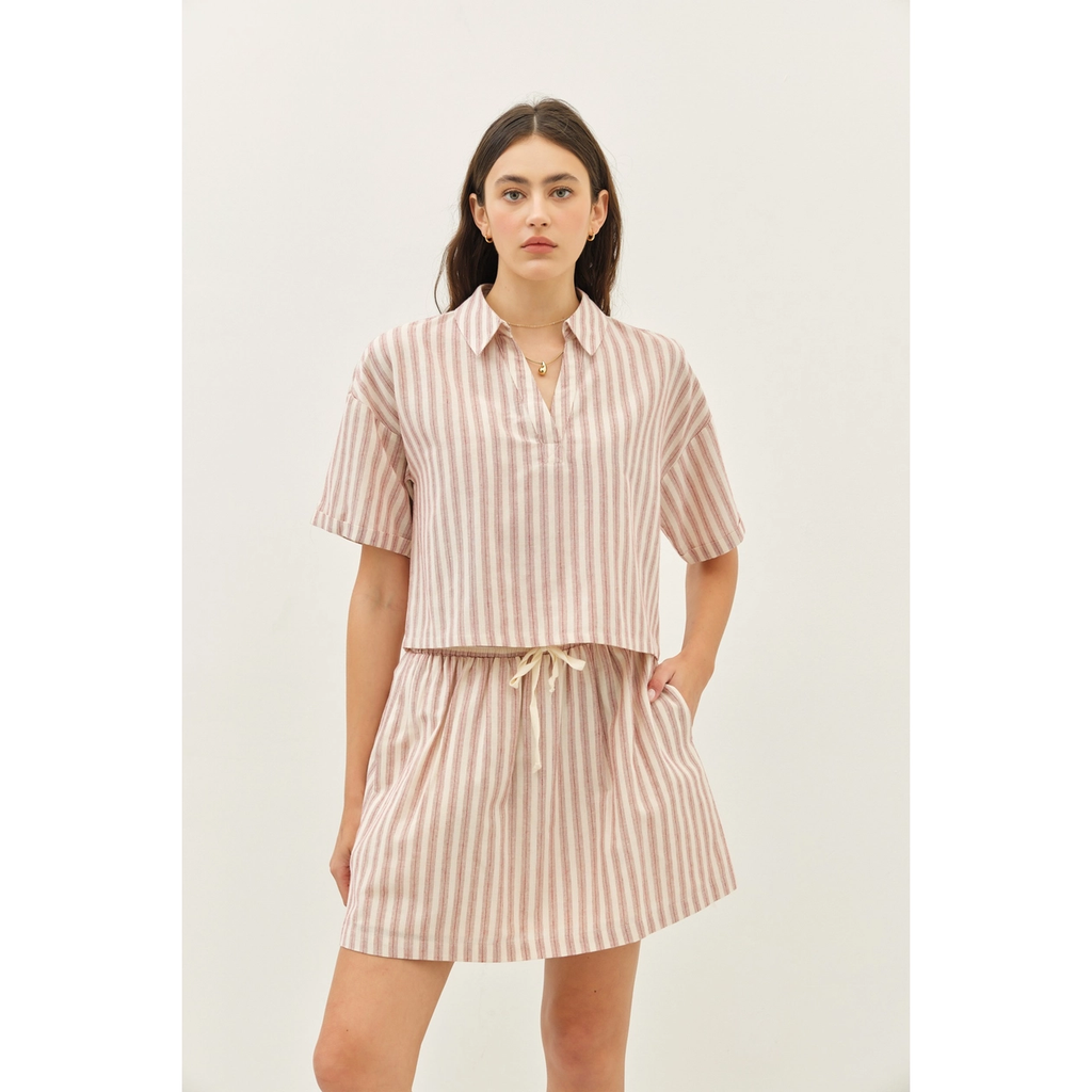 Stripe Mini Skirt with Elastic Band and Pockets - Red
