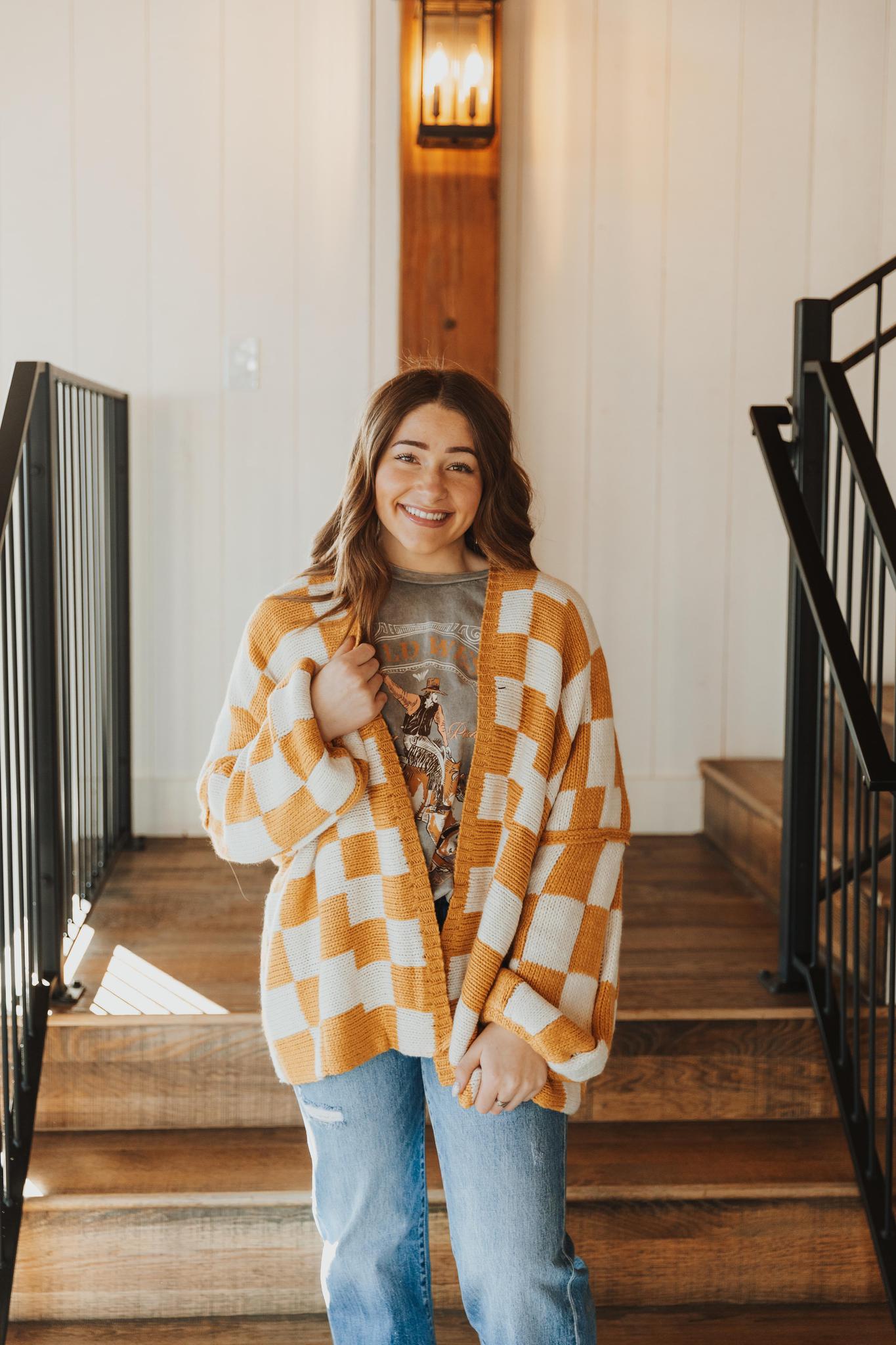 Check Dropped Shoulders Cardigan - White & Taupe