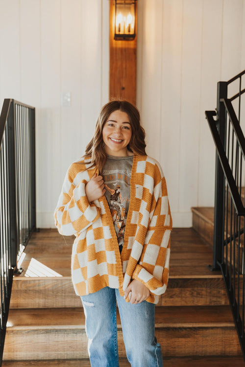 Check Dropped Shoulders Cardigan - White & Taupe