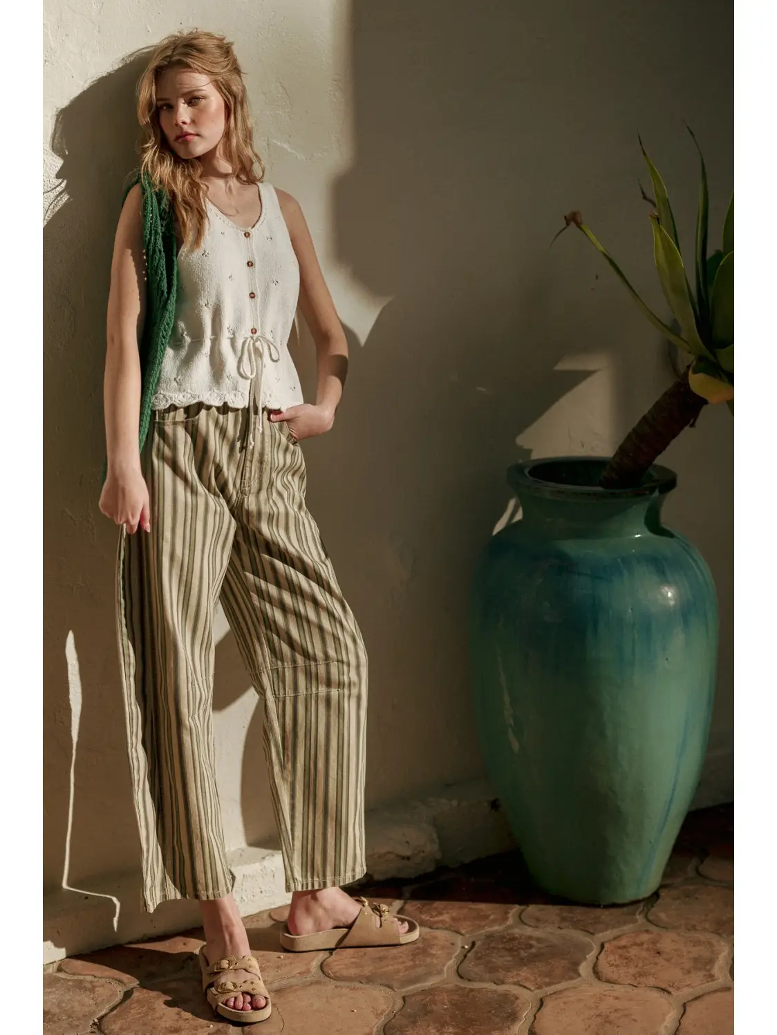 Multi Mix Stripe Printed Barrel Pants - GREEN MULTI