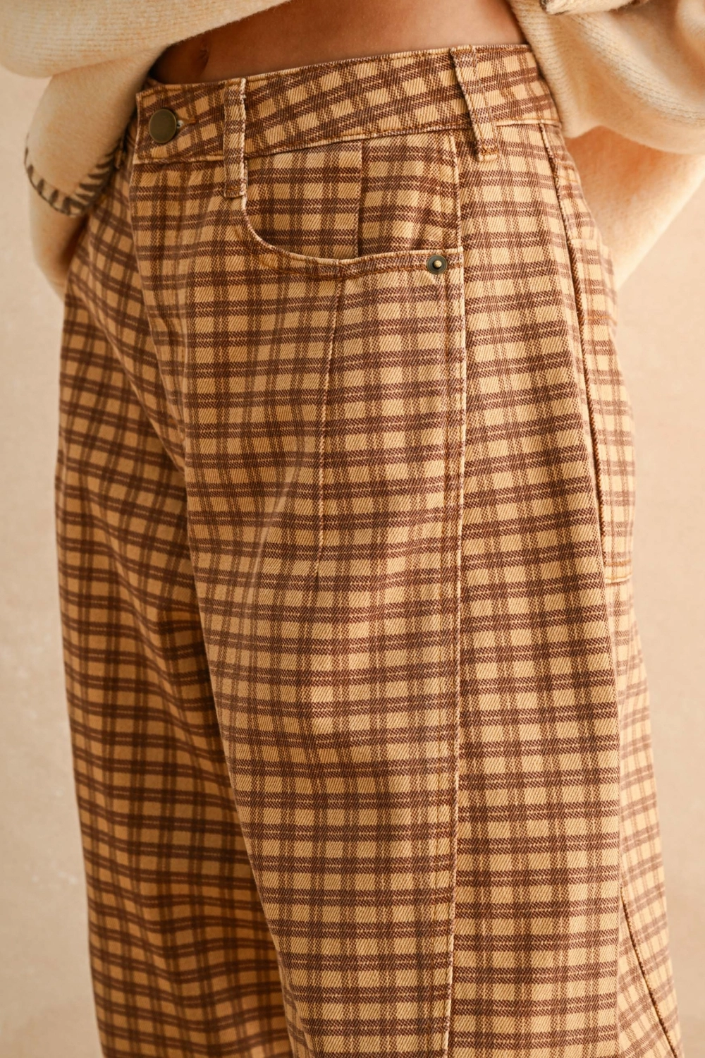 Mini Checker Pattern Barrel Pants - CAMEL/CHESTNUT