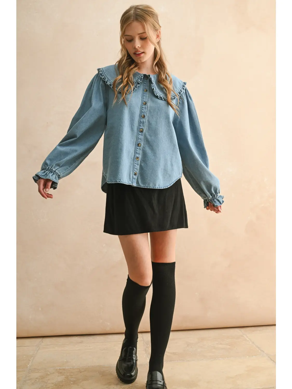 Ruffled Trim Collar Denim Shirts
