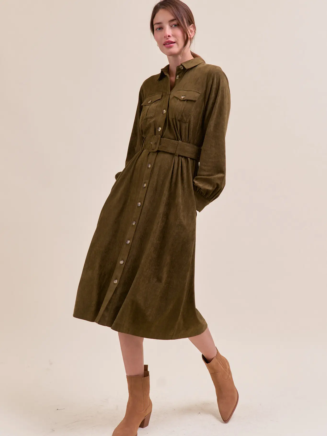 Suede Shirt Dress - ECRU