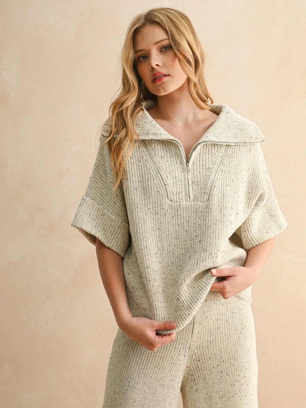 Half Zip Short Sleeve Knitted Top