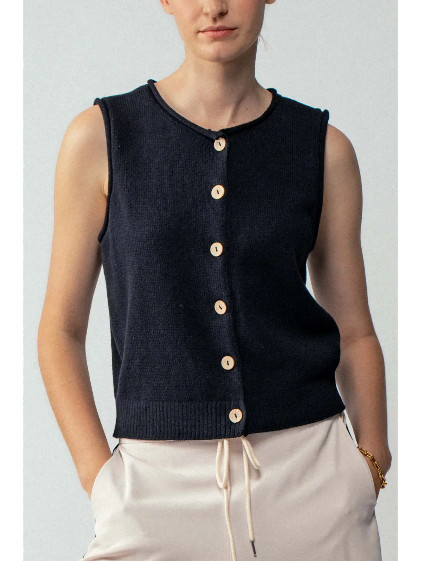 Relaxed Button-Front Knit Sleeveless Top - BLACK