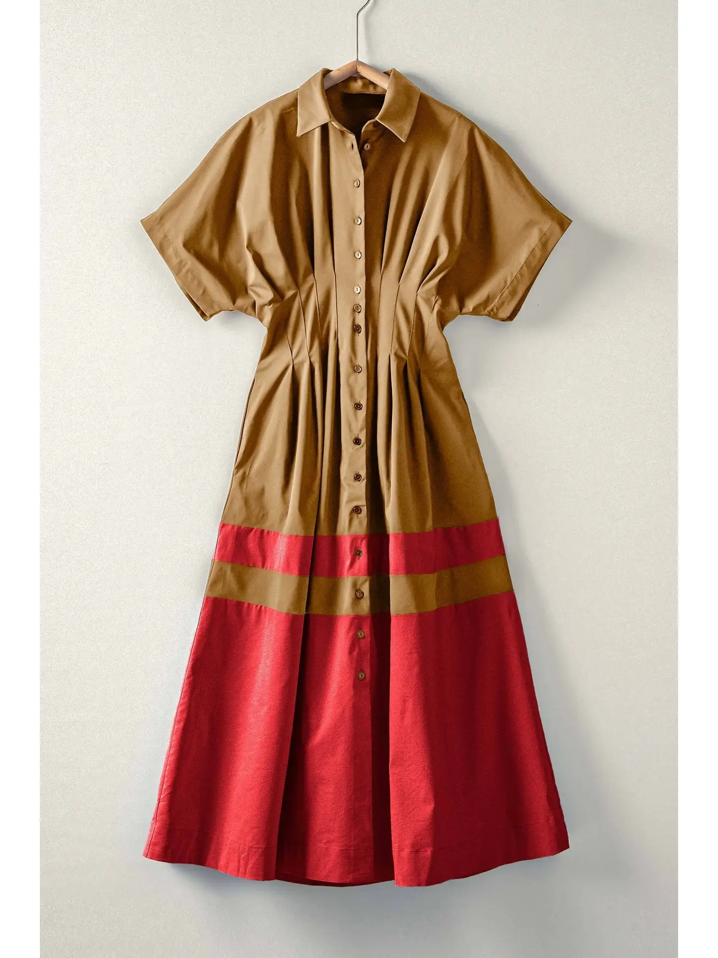 Colorblock Button-Up Cotton Midi Dress - CAMEL