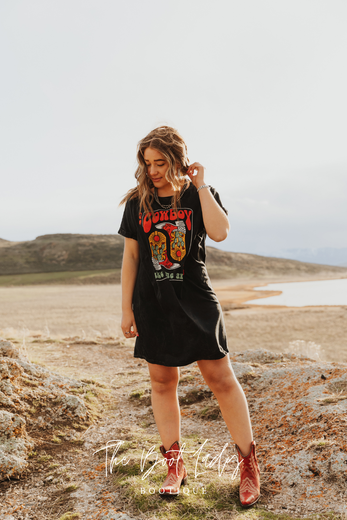 COWBOY BOOTS TAKE ME AWAY GRAPHIC DRESS - MINERAL BLACK
