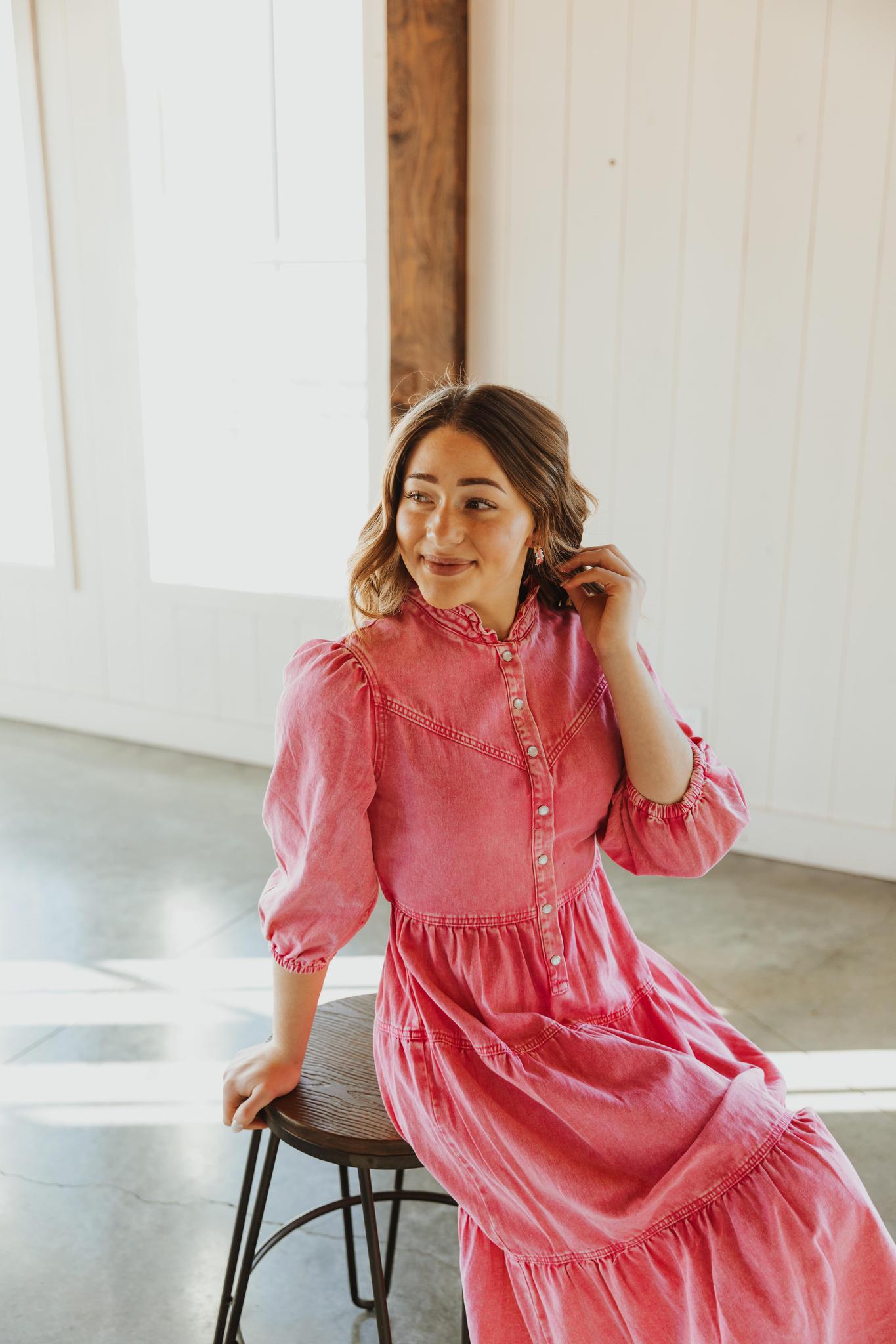 Garment Washed Chevron Yoke Midi Denim Dress - Hot Pint