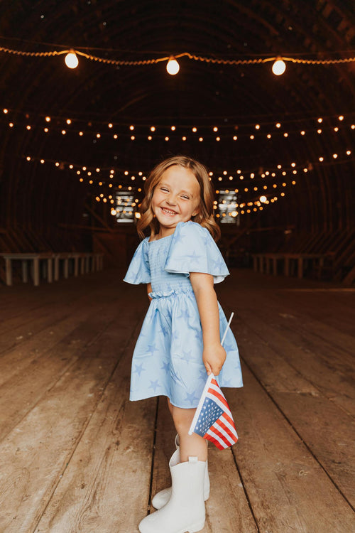 BLUE STAR SMOCKED RUFFLE GIRL DRESS