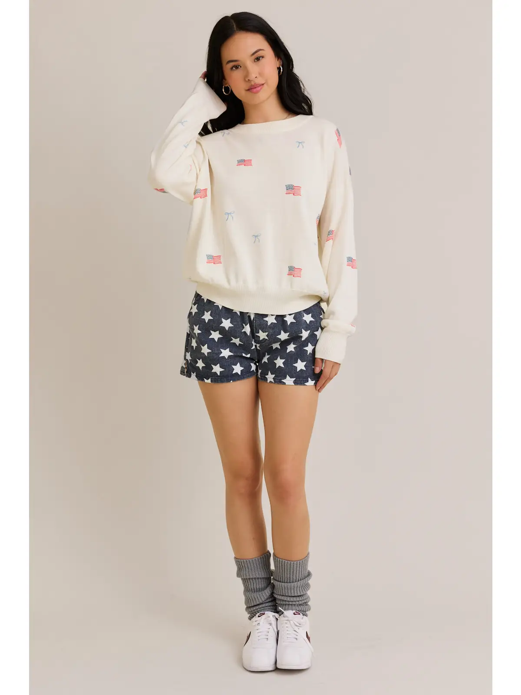 "USA Flag with Bow" Print Long Sleeve Crew Neck Sweater