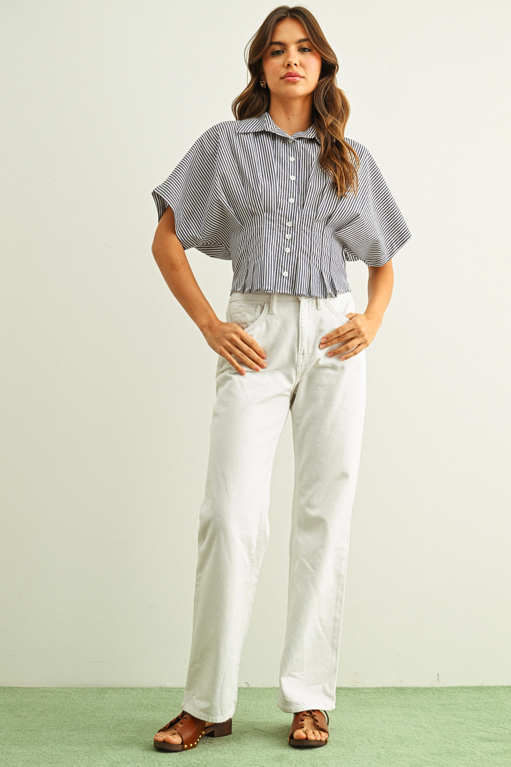 Stripe Button Front Shirts with Pleated Waist Detail - Blue