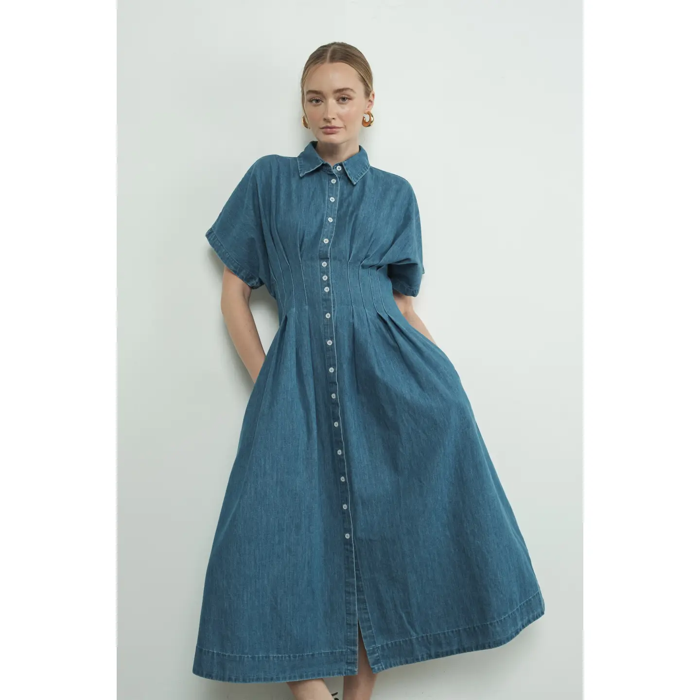 Button Front Pleated Shirts Midi Dress