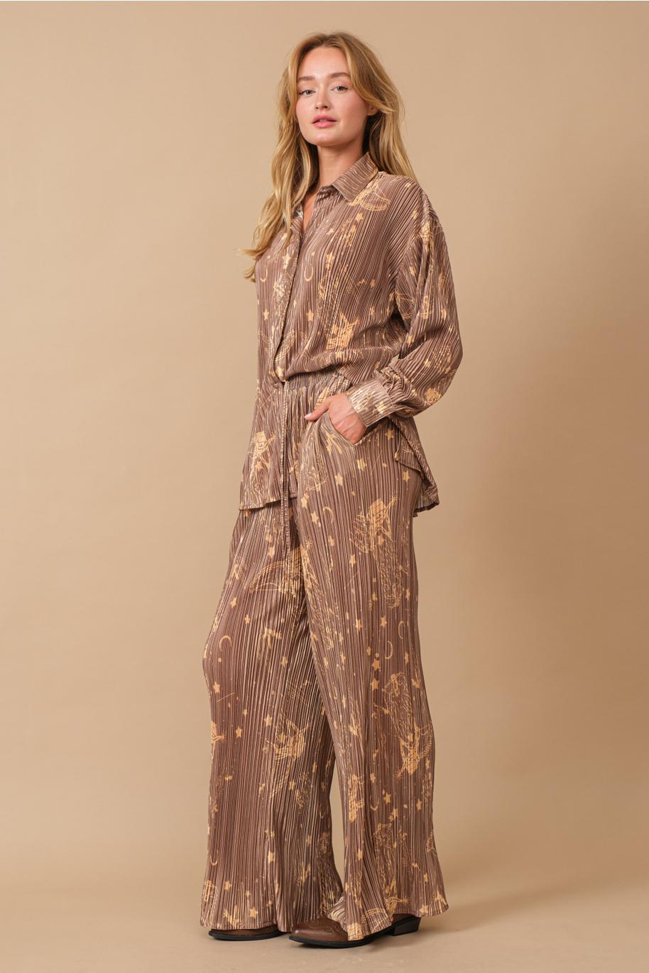 Press Pleated Moonlight Western Shirt Pants Set - Brown