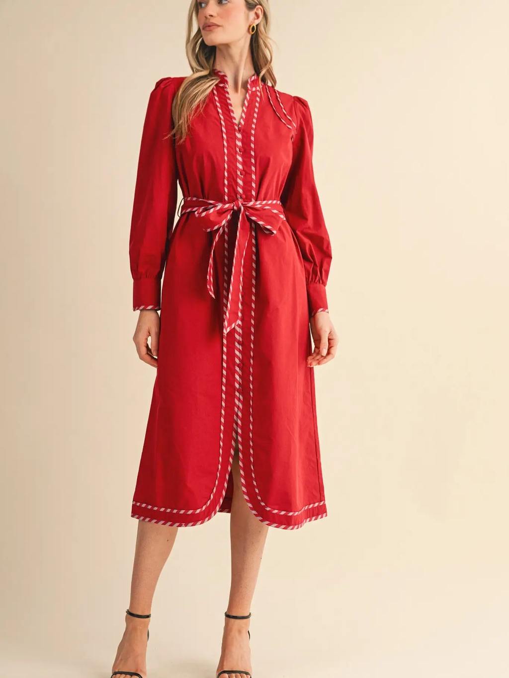Striped Contrast Binding Detail Belted Midi Dress - RUBY RED