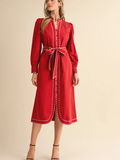 Striped Contrast Binding Detail Belted Midi Dress - RUBY RED