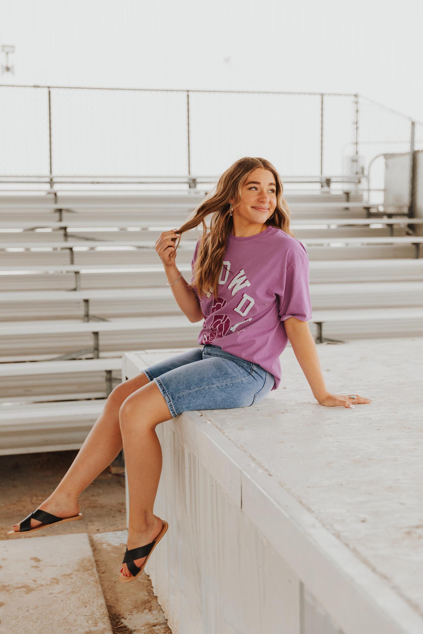 HOWDY RHINESTONE WASHED GRAPHIC T-SHIRT - PURPLE (OVERSIZED)