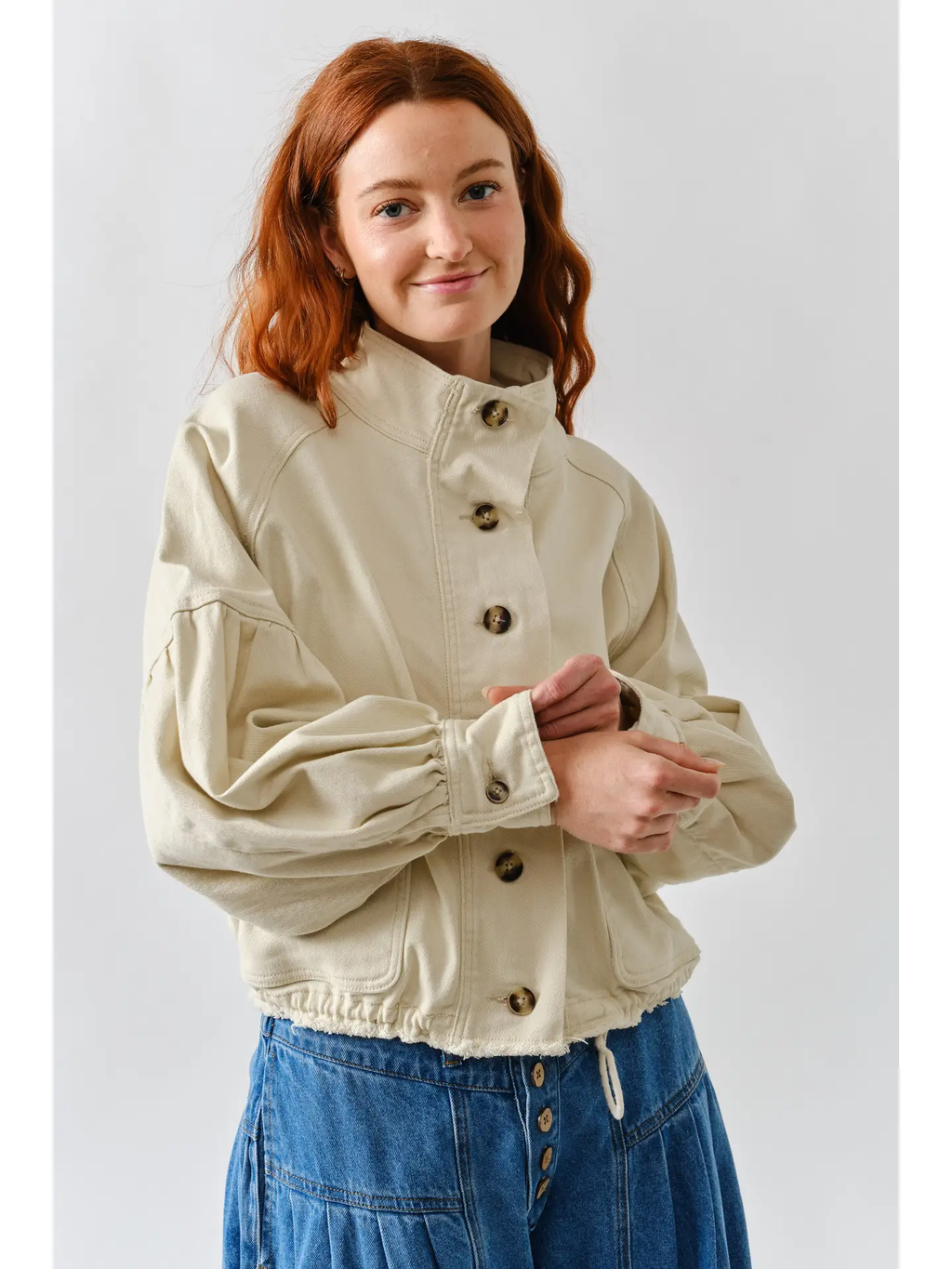 Ballon Sleeve Twill Jacket Drawsting Waist