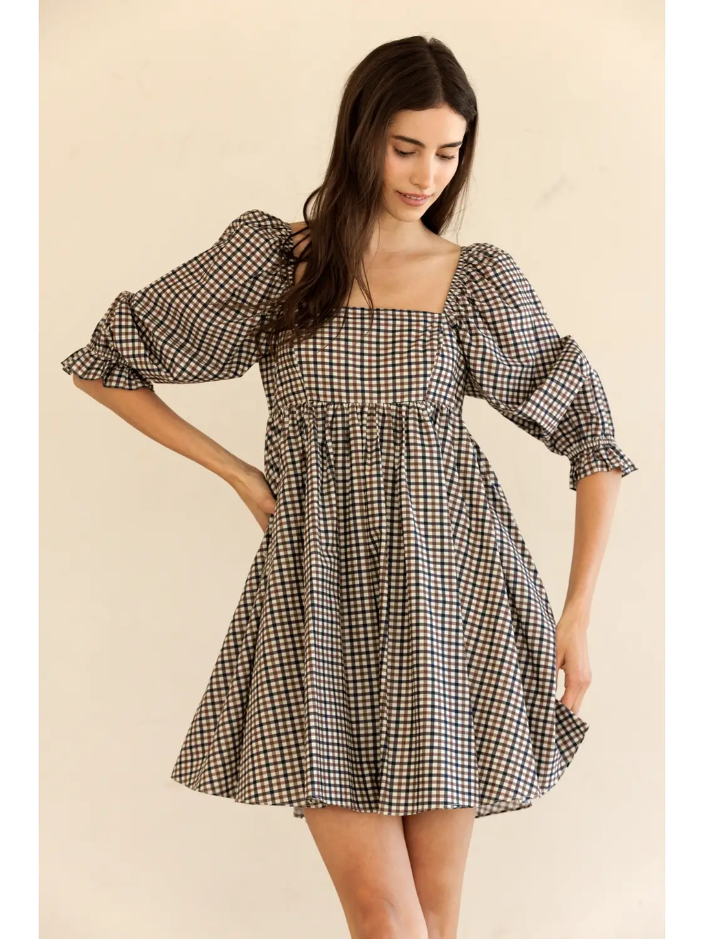 GINGHAM Puff Sleeve Mini Dress - Brown/Navy
