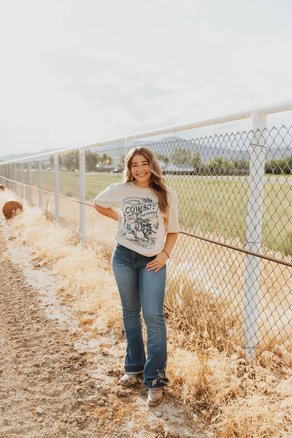 COWBOY TAKE ME AWAY WILD WEST OVERSIZED GRAPHIC TEE - MINERAL OATMEAL