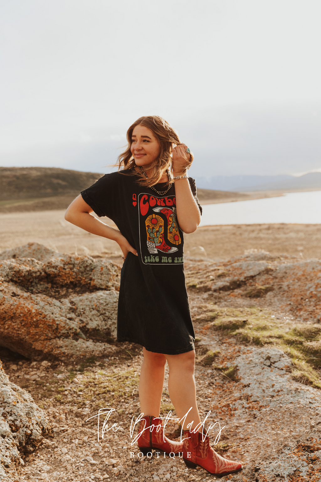 COWBOY BOOTS TAKE ME AWAY GRAPHIC DRESS - MINERAL BLACK
