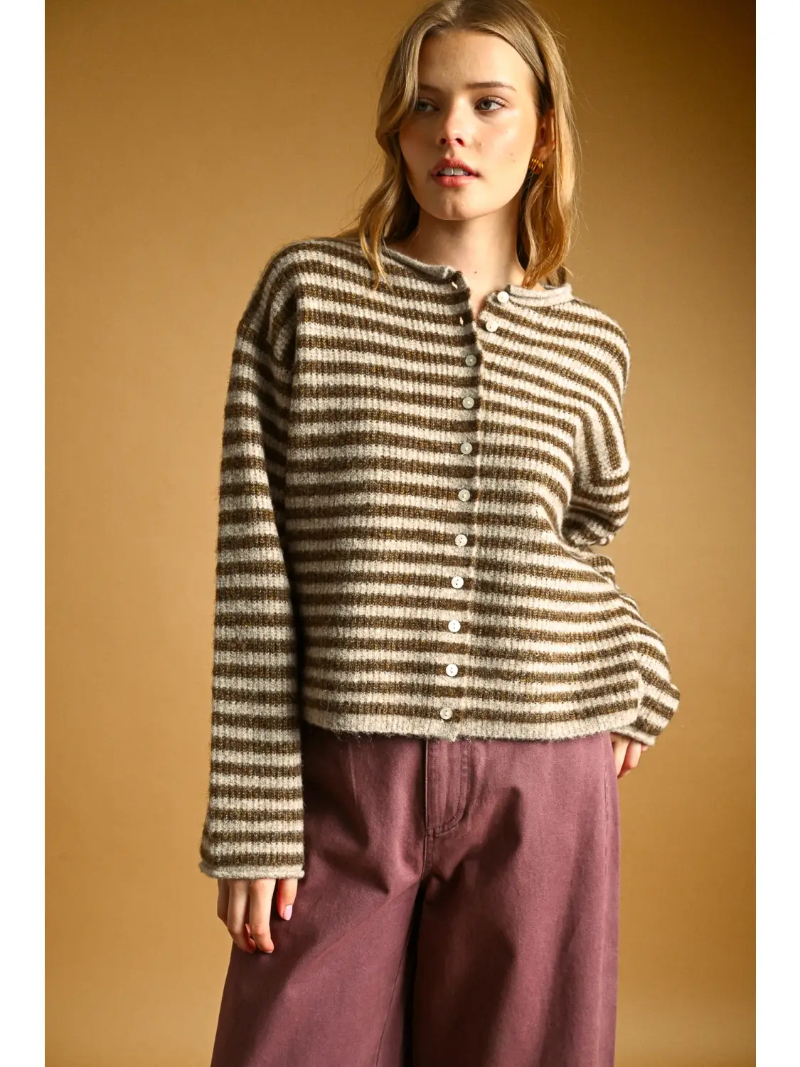 Striped Button Front Sweater Cardigan - MOCHA/OAT
