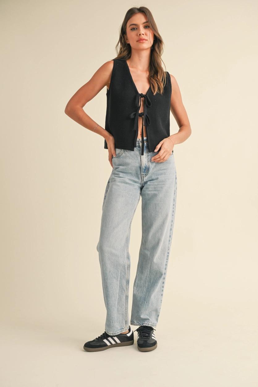 Tied Front Knitted Vest - Black