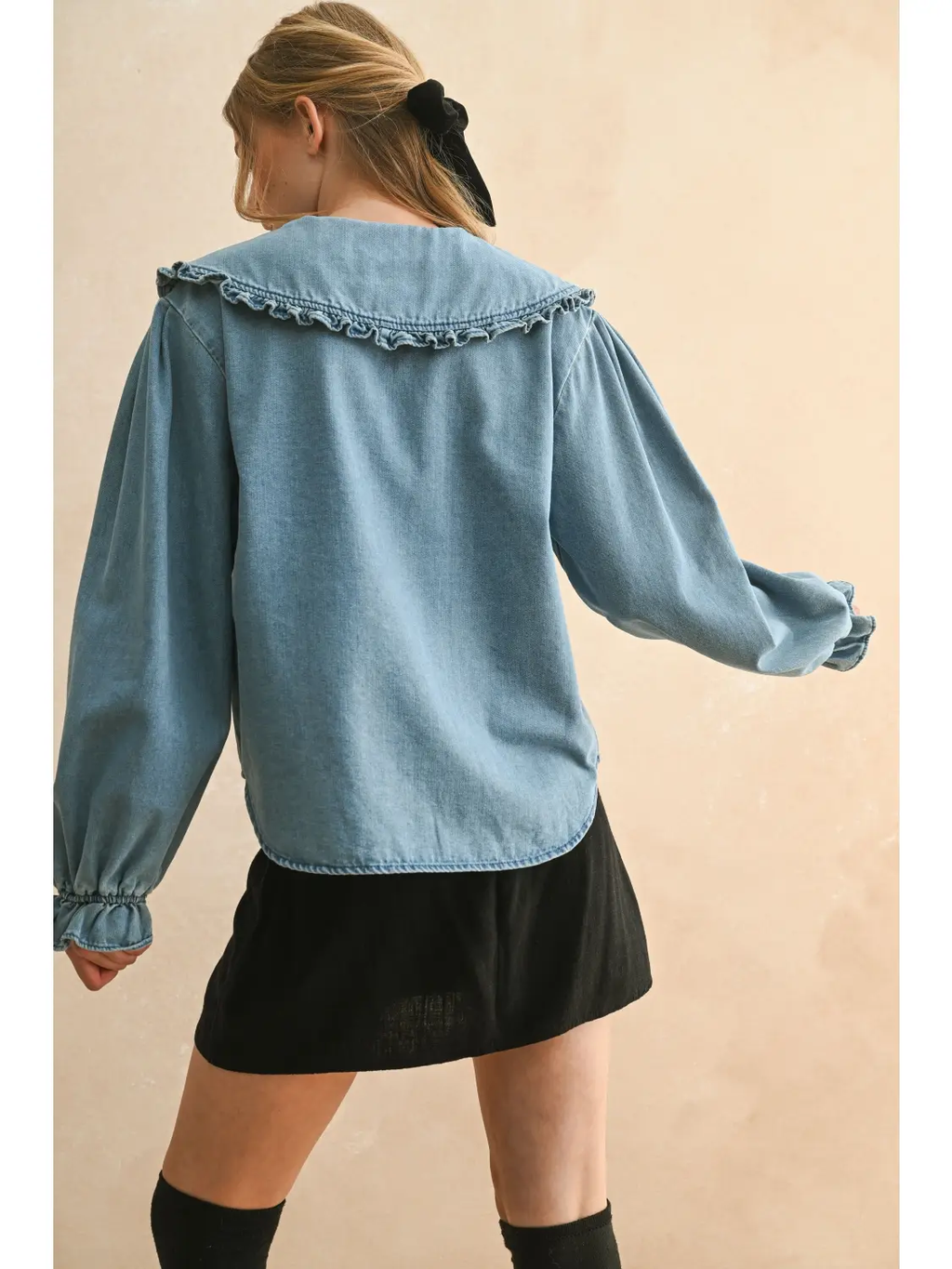 Ruffled Trim Collar Denim Shirts