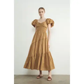 Puff Sleeves Smocked Bodice Tiered Midi Dress - Rust