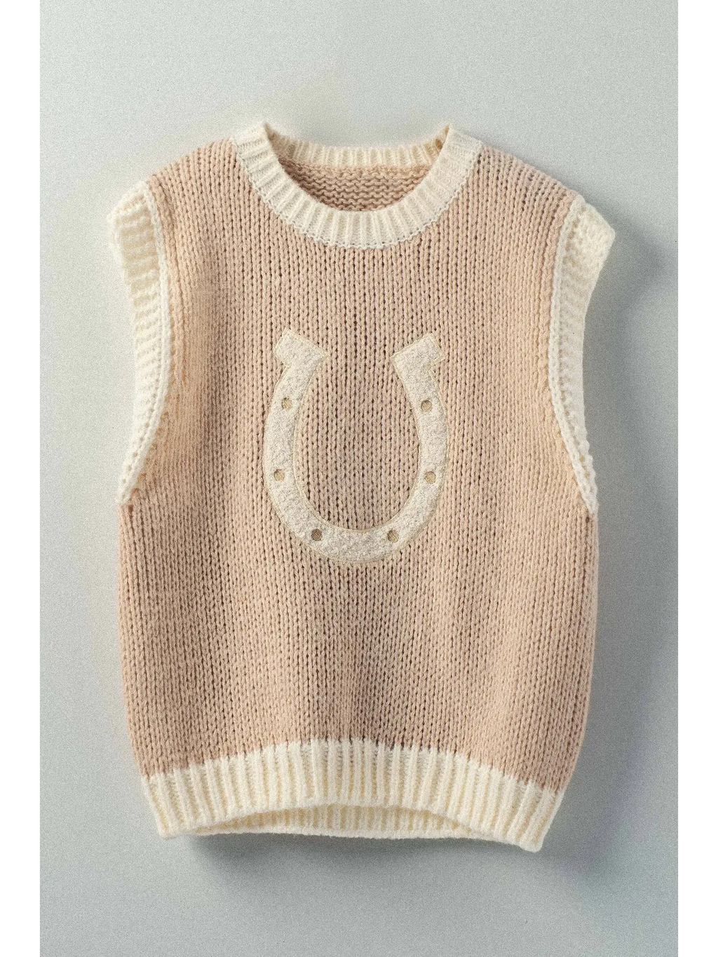 Western Horseshoe Crochet Knit Ribbed Trim Sweater Vest - MOCHA