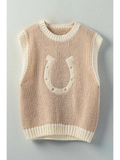Western Horseshoe Crochet Knit Ribbed Trim Sweater Vest - MOCHA