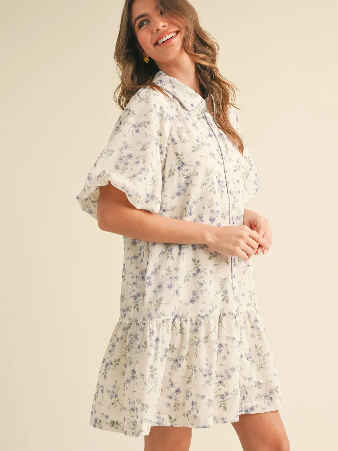 Bubble Sleeve Button Down Floral Mini Dress - GOLDEN YELLOW FLORAL