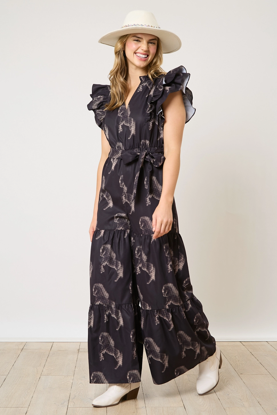 Halftone Horse Print Jumpsuit - Black