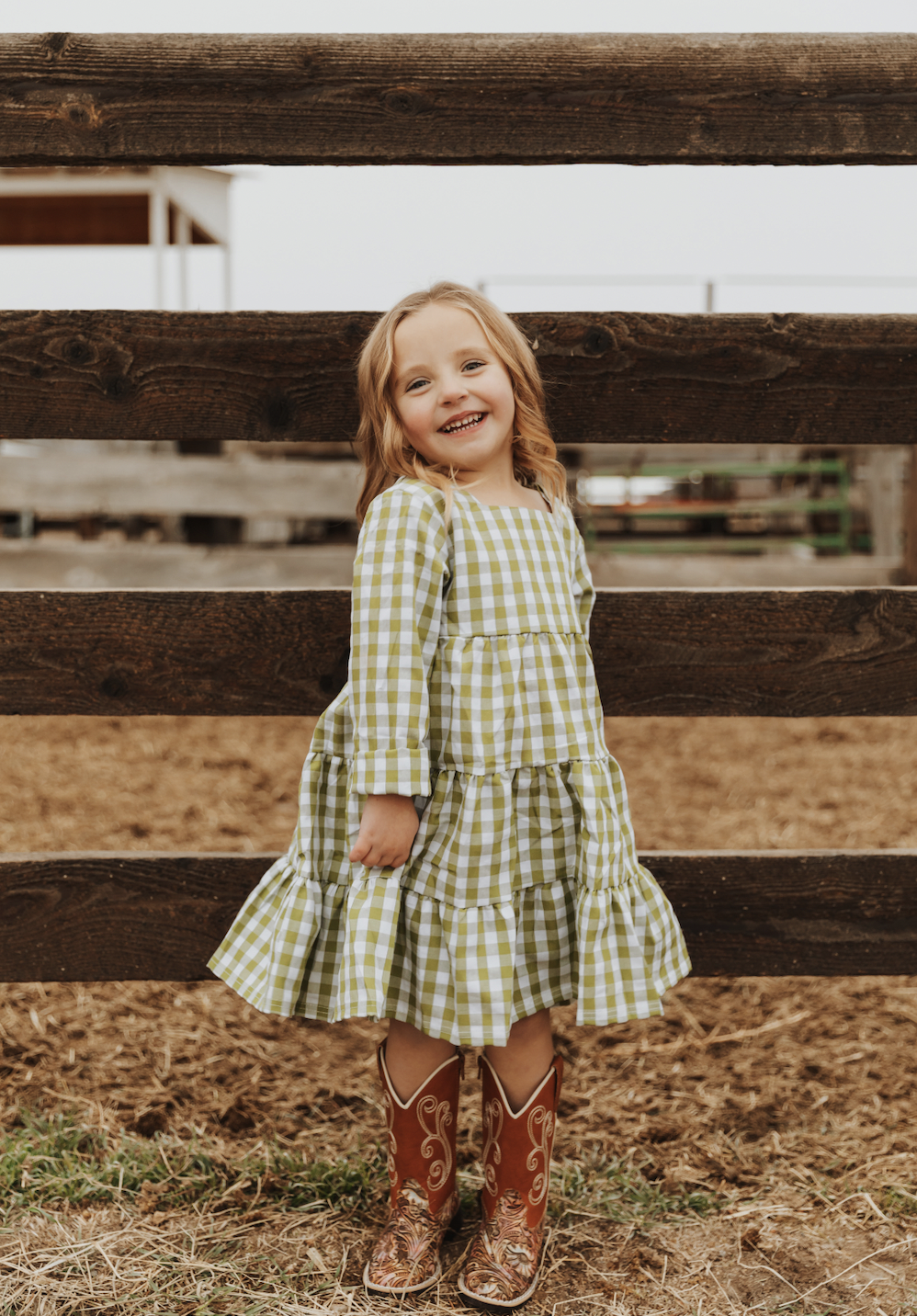 GIRLS GREEN CHECK TIERED DRESS