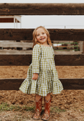 GIRLS GREEN CHECK TIERED DRESS