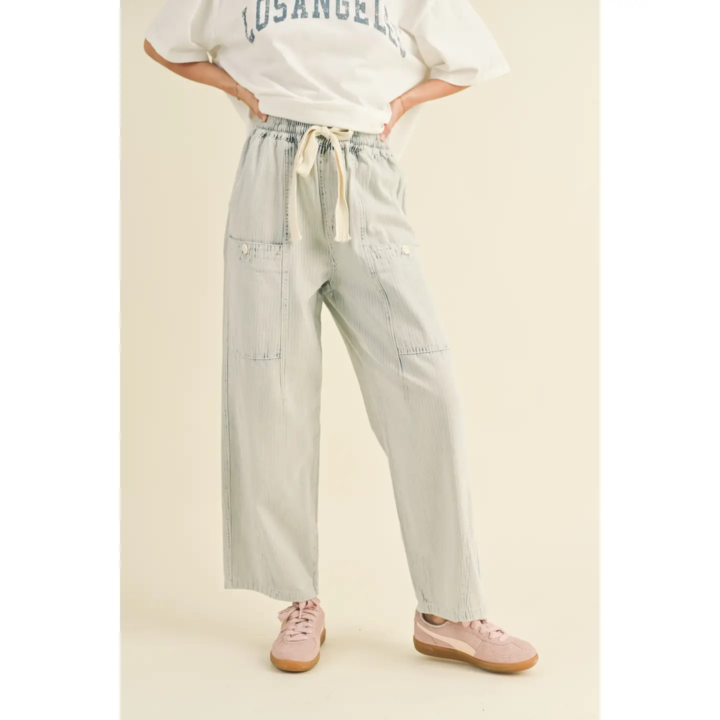 Stripe and Washed Effect Barrel Shape Pants