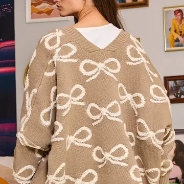 Oversized Ribbon Pullover Sweater Cardigan - Taupe/Cream