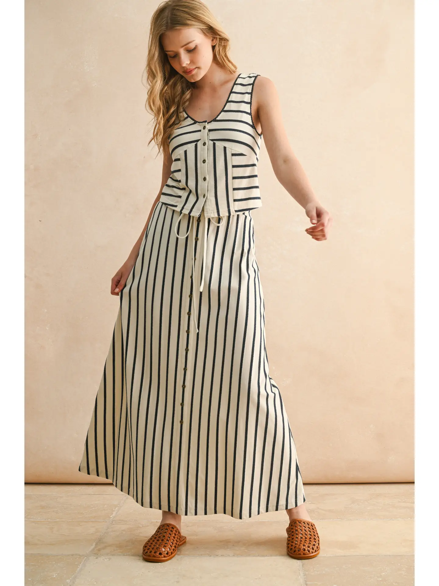 Button Front Striped Long Skirt - Cream/Navy