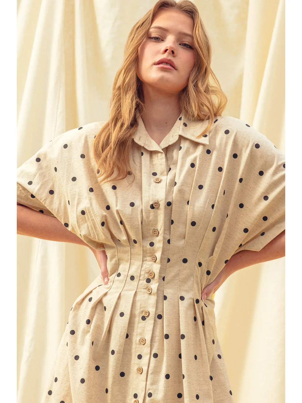 Polkadot Print Short Sleeve Button Front Dress
