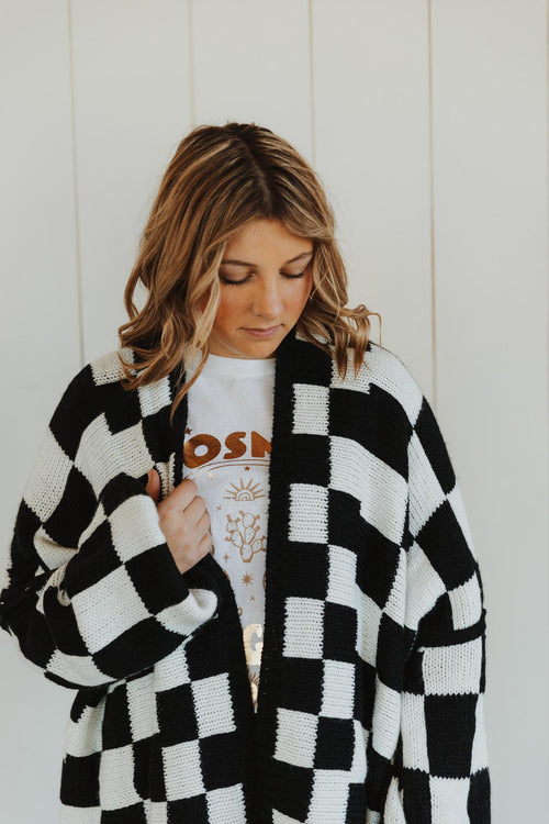 Check Dropped Shoulders Cardigan - Black & White