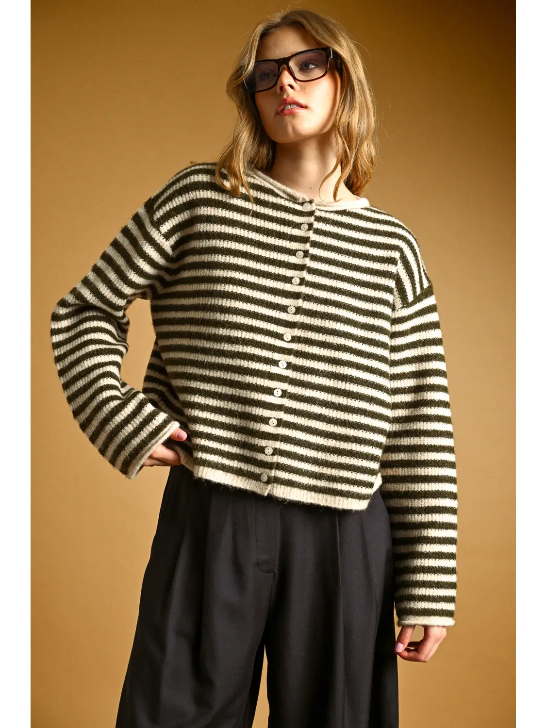Striped Button Front Sweater Cardigan - OLIVE/OAT