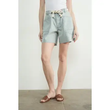 Vintage Washed Barrel Denim Shorts W/Grommet Waist - DENIM STRIPES