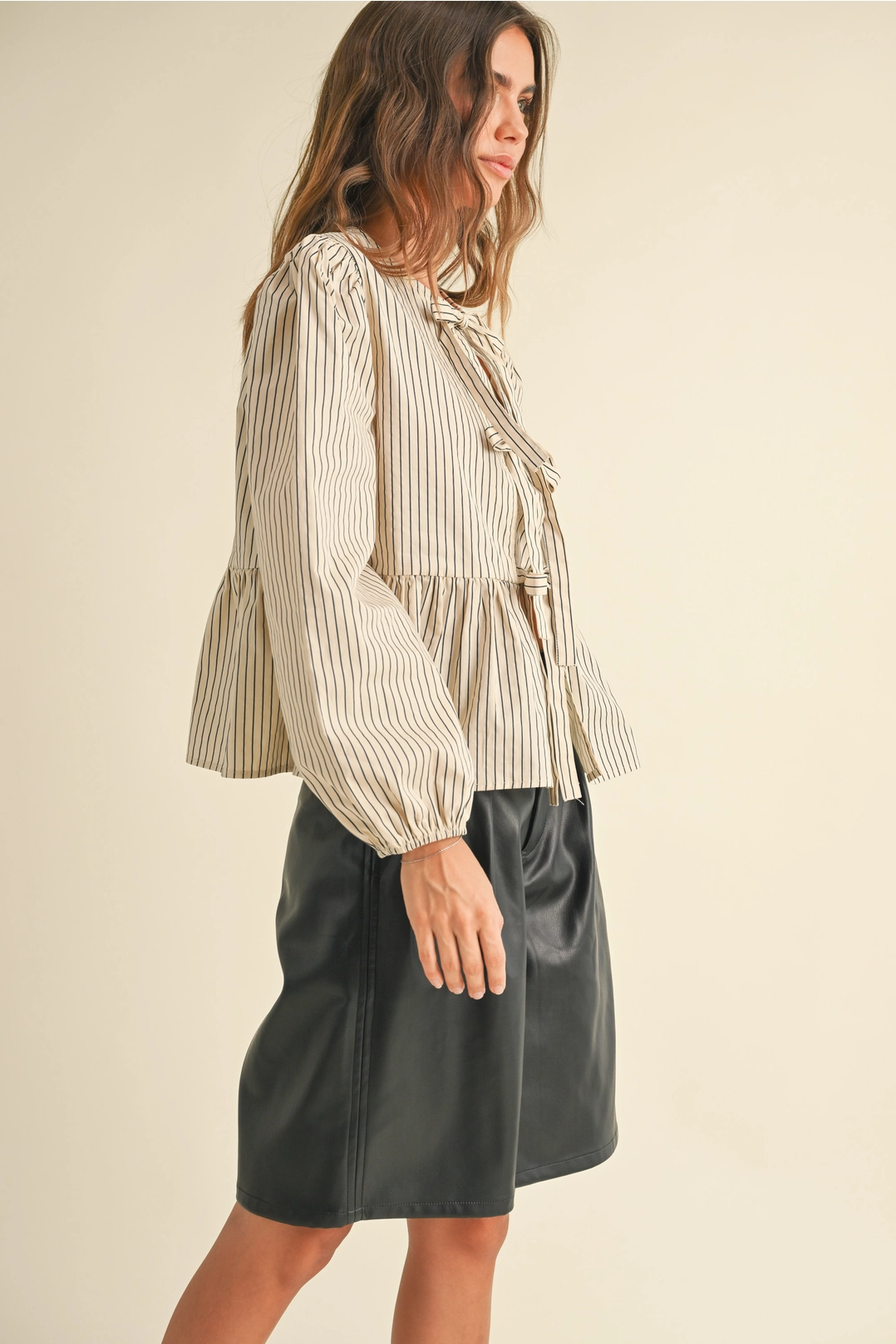 Striped Woven Blouse with Tie Front - Beige/Navy