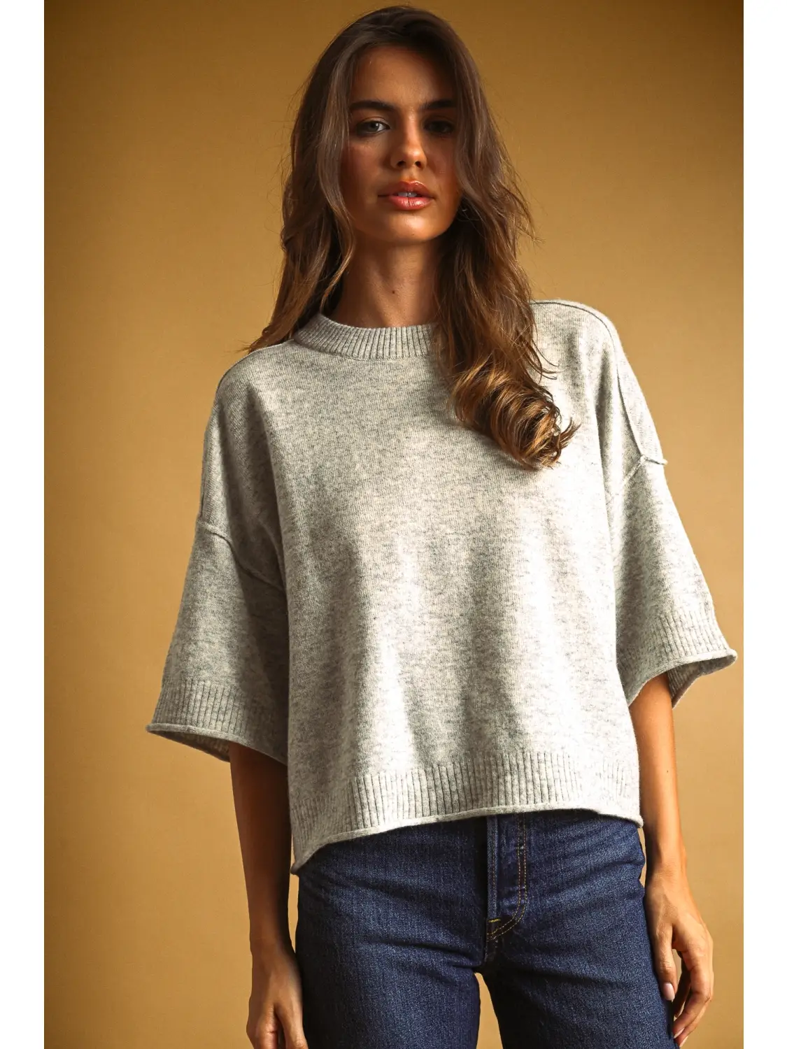 Short Sleeve Knit Crop Top - Heather Grey