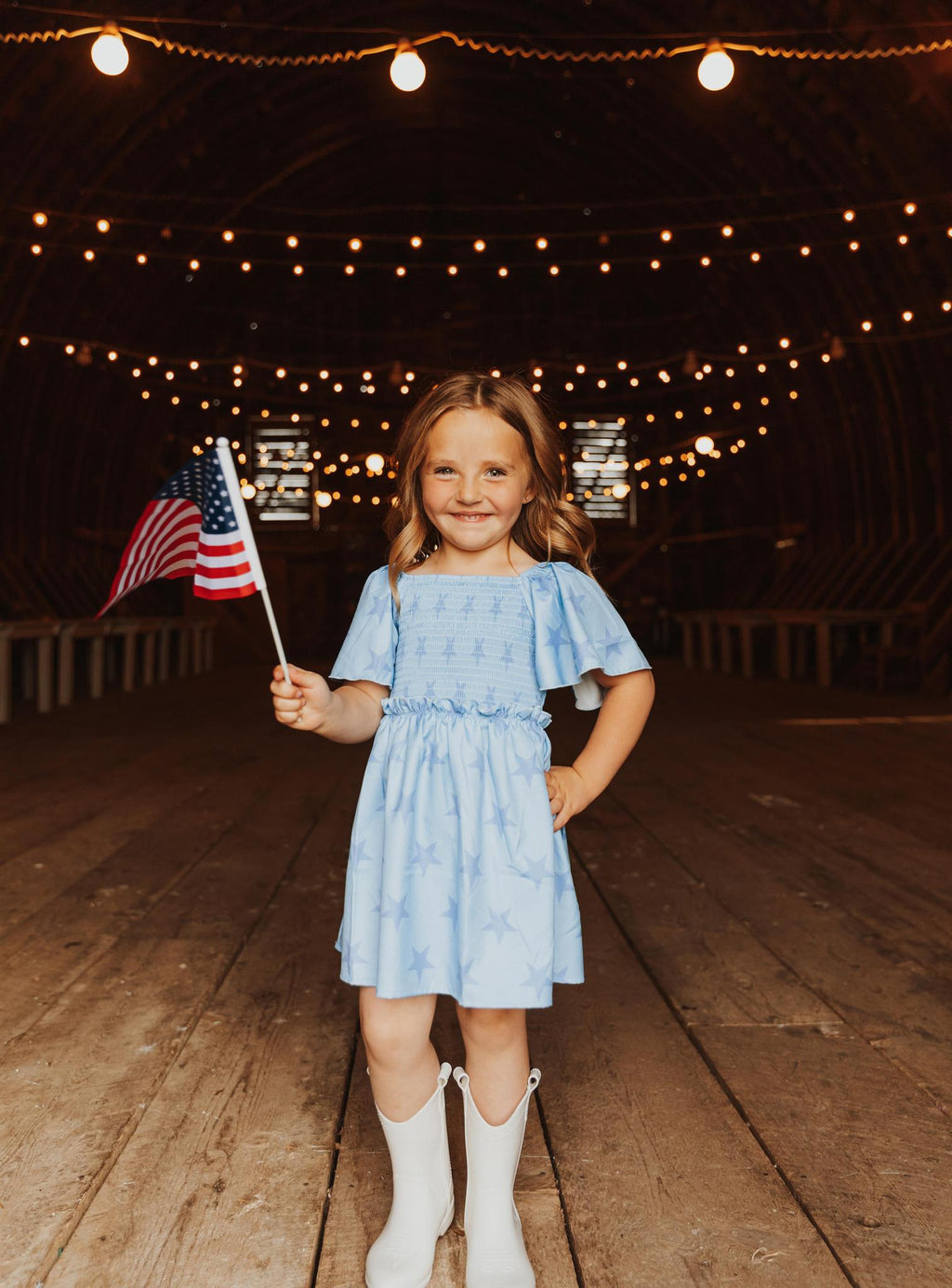 BLUE STAR SMOCKED RUFFLE GIRL DRESS